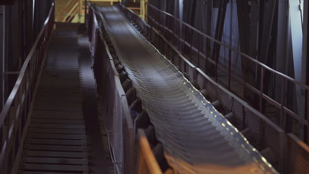 Conveyor belt in a factory of building materials production. Stock footage. Close up of production...