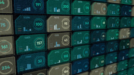 Abstract digital display with colorful rows of small cells or microchips with different numbers and moving scales on black background, seamless loop. Animation. Computers and information concept.の写真素材