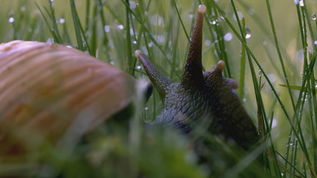 Snail in the grass. Creative. Snail antennae in green grass and dew. Green meadow macro worldの写真素材