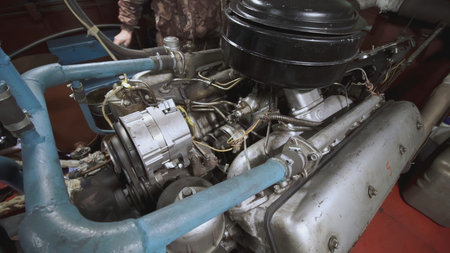 Engine of a small ship in the engine room. CLIP. An engine room with an engine to which blue pipes...