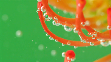 Close-up of beautiful flower with bubbles under water. Stock footage. Bright flower with stamens...
