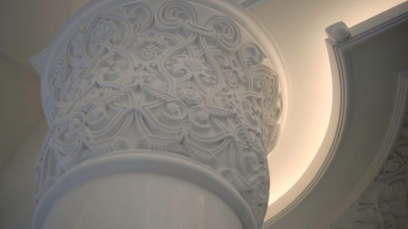 Inside the palace.Scene.A bright white stone column that is located on a white background of the...