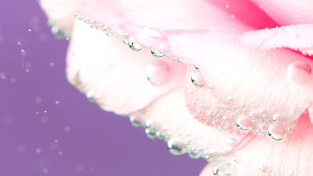 Fresh, tenderness and softness in pink roses in cool clear water. Stock footage. Air bubbles on flower surface, flower isolated on a purple background.の写真素材