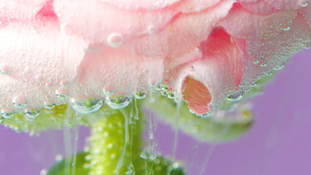 Macro photography of a pink rose with green stem with white inks spreading underwater in slow motion. Stock footage. Blooming flower bud covered by small bubbles.の写真素材