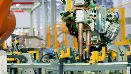 Robotic mechanism, industrial robot iin motion at the modern factory. Scene. Concept of heavy...