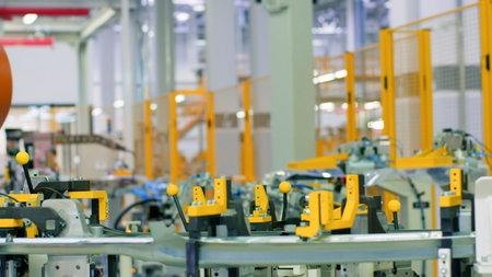 Robotic mechanism, industrial robot iin motion at the modern factory. Scene. Concept of heavy...