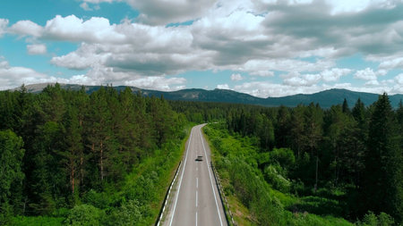 Aerial view of road across the forest on blue cloudy sky background. Scene. Straight long road bending along green trees and bushes.の写真素材