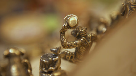 Ceramic figurines depicting peasants and townspeople. Figurines of a landowner with a horse and a woman in a dress. Figurines made of faience and clay, covered with glaze, depicting ladies, gentlemen and horsesの写真素材