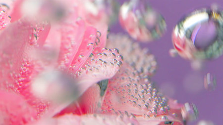 Close-up of delicate rose petals with bubbles. Stock footage. Pink rose petals under water with...