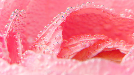 Close-up of delicate rose petals with bubbles. Stock footage. Pink rose petals under water with...