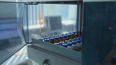 View inside of a laboratory and a scientist making tests. Action. Concept of research, biochemistry, pharmaceutical medicine.の写真素材