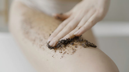 Close up of hands of a pretty blond girl with coffee scrub on them. Action. Beautiful woman during spa procedure.の写真素材