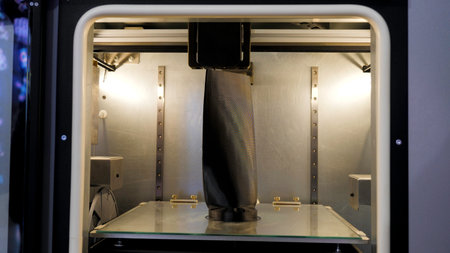 Large 3d printer. Media.A huge 3D printing machine with internal illumination.の写真素材