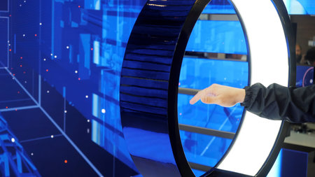 Touch circle for virtual communication. Media. New technology of virtual immersion. Manual motion...