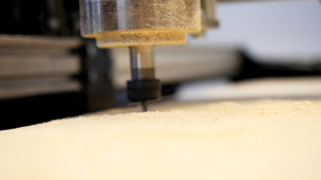Painstaking work. Media.A CNC machine with special rods saws according to the sketch very quickly and deeply.の写真素材