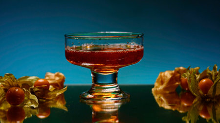 Close up of fruity carbonated alcoholic in glass. Stock clip. Cocktail in night bar on a colorful wall background.の写真素材