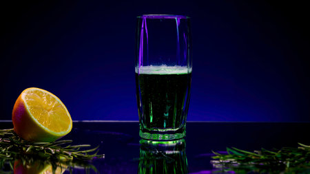 Blue background with a drink. A bright background on which tarragon is poured and a lemon with a fir branch lies next to it.の写真素材