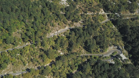 Stunning Aerial View of a Winding Mountain Road, Enveloped by a Dense and Lush Forest