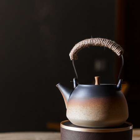 This is an Elegant and Beautiful Ceramic Teapot Designed with a Woven Handle for ease of useの写真素材