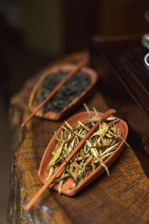 Artisan Herbal Ingredients Beautifully Presented in Traditional Bowls for Culinary Use