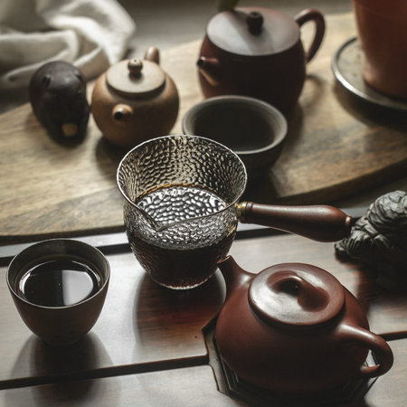 A Traditional Tea Setup Featuring Elegant Teapots and Distinct Accessories for Enjoyment