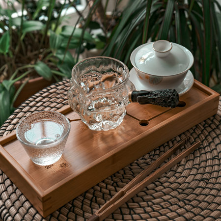An Elegant Setup for a Tea Ceremony That Features Beautiful Natural Greenery and Unique Decor