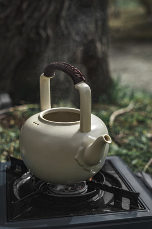 An Elegant Teapot Set on a Stove amidst a Beautiful Natural Setting in the Outdoorsの写真素材