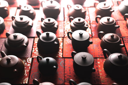 A Beautiful and Elegant Teapots Arrangement Captured in Inviting Warm Lighting Atmosphere