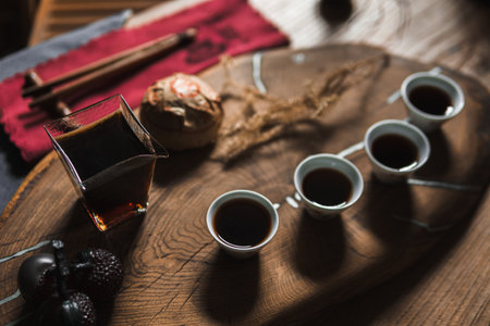 Carefully arranged Artisan Tea Ceremony setup featuring exquisite traditional teawareの写真素材