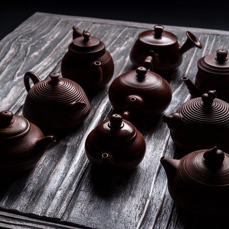 An Elegant Collection of Exquisite Traditional Teapots Displayed on a Wooden Surface