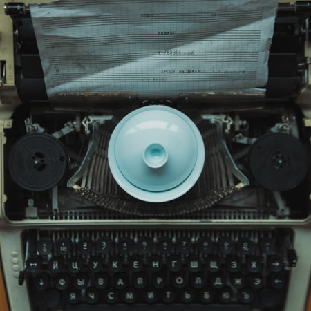 A vintage typewriter paired harmoniously with a decorative dish, evoking nostalgiaの写真素材
