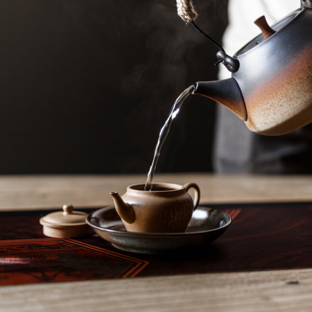 Traditional Tea Brewing A Beautiful Combination of Steam, Ceramics, and Cultural Ritualsの写真素材