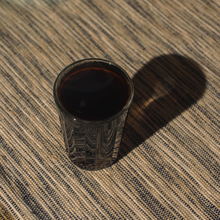 A Beautifully Brewed Black Coffee in a Clear Glass Sitting on a Textured Surfaceの写真素材