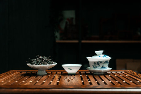 An Exquisite and Elegant Setup for a Traditional Chinese Tea Ceremony with Fine Teawareの写真素材
