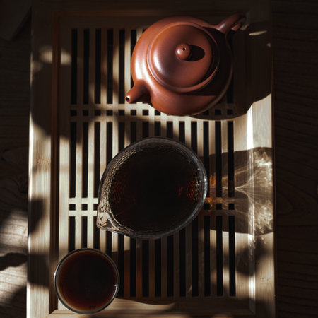 An Elegant Tea Set arranged beautifully on a Wooden Tray, enhanced by Natural Lightの写真素材