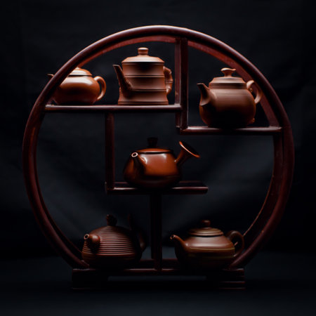 An Elegant and Beautiful Display of Traditional Asian Teapots Set in a Wooden Rackの写真素材