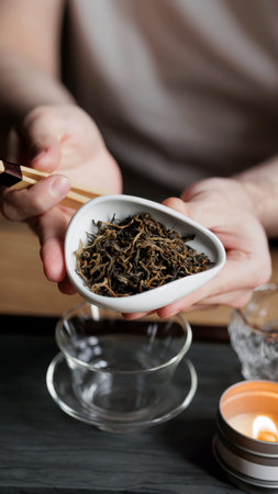 A Hand Grasping Dried Tea Leaves Against the Backdrop of a Contemporary Tea Arrangement