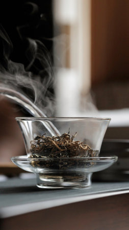 Enjoy a delightful experience with steaming herbal tea poured from a glass teapotの写真素材