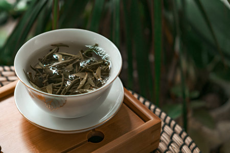 Enjoying Freshly Brewed Tea in a Serene and Tranquil Setting for Ultimate Relaxationの写真素材