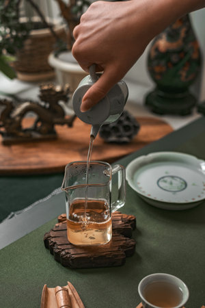 The Art and Ritual of Tea Brewing and Pouring in a Beautiful, Serene, and Tranquil Settingの写真素材