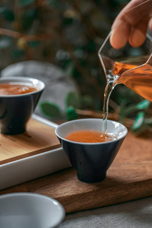 Pouring fragrant Tea into beautiful Traditional Cups within a tranquil and serene Settingの写真素材