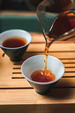 A Beautiful and Elegant Tea Pouring Scene Set in a Tranquil and Calm Environmentの写真素材