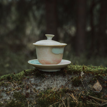 A beautifully crafted Ceramic Tea Cup Set displayed on a serene Mossy Forest Floorの写真素材