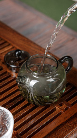 Pouring tea from a glass teapot onto a wooden tray creates a calming atmosphere for this beverageの写真素材