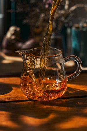 Pouring a Warm Cup of Tea in a Beautiful Glass Teapot with Soft Natural Light Streaming Throughの写真素材