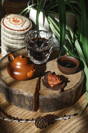 Incorporating natural elements and elegant serveware enhances a traditional tea ceremonyの写真素材