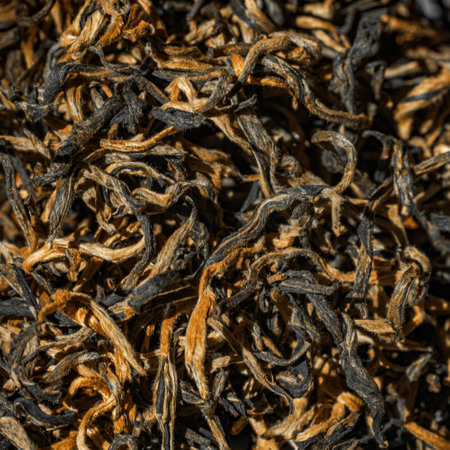 This image shows a closeup of dried black tea leaves, emphasizing their texture and colorsの写真素材
