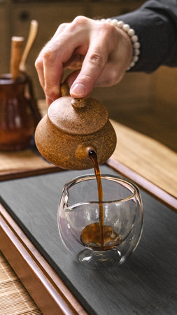 Experience the serene and elegant ritual of pouring tea from a beautifully crafted teapotの写真素材