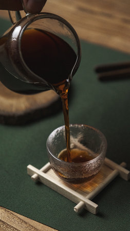 Pouring a Warm Brew Enjoying a Teatime Moment Captured in Beautiful Focus and Detailの写真素材