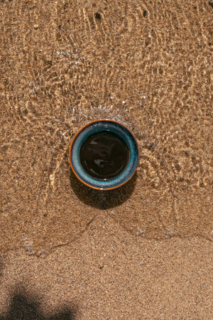 A serene beach scene featuring a bowl placed in the shimmering water beside the shoreline